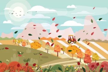 Gordijnen Vector cartoon illustration of a countryside in autumn. Fall background . © Marina