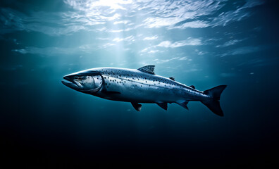 Large Salmon underwater. Concept of fish farming, fishing and sports angling. Illustration with shallow field of view