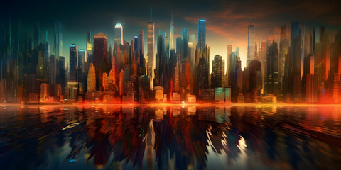 Fototapeta na wymiar abstract cityscape with dramatic lighting, neural network generated photorealistic image