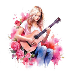 Beautiful girl playing guitar watercolor hand painting.