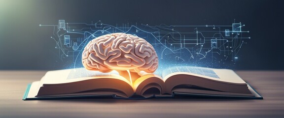 Virtual brain over open book. Creative thinking idea to solve problem from learning knowledge and innovation concept. The concept of future technologies - obrazy, fototapety, plakaty