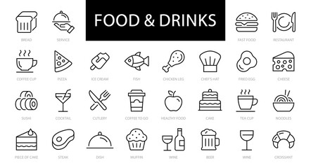 Food & Drinks thin line icons set. Food editable stroke icon. Meat, Fish, Pizza, Fast Food, Coffee, Restaurant, Eatery, Fish, Cake, Healthy food, Bread, Tea icon. Vector illustration