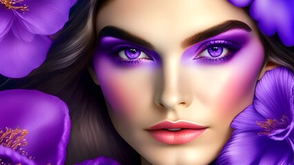 Closeup photo portrait of a beautiful teen glamourous girl model with purple flowers, fantasy in style purple backdrop Bright summer colors purple color contact lenses, For fashion industry use.