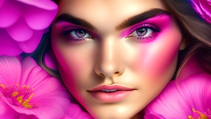 Closeup photo portrait of a beautiful teen glamourous girl model with pink flowers, fantasy in style pink backdrop Bright summer colors pink color contact lenses, For fashion industry use.