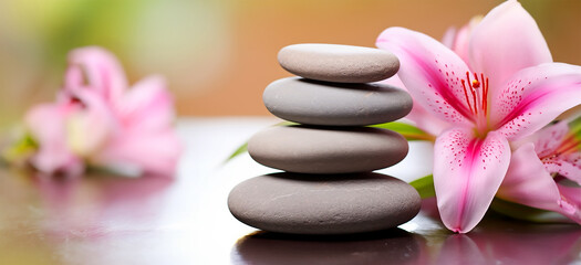 Fototapeta na wymiar a serene zen garden, focusing on a stack of spa massage stones delicately balanced with pink lily flowers adorning them