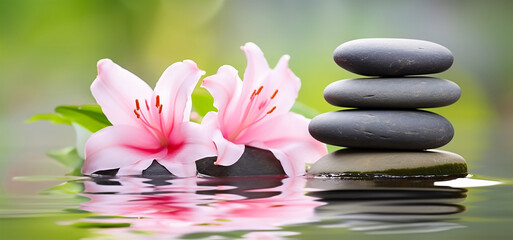 a serene zen garden, focusing on a stack of spa massage stones delicately balanced with pink lily flowers adorning them