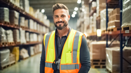 Smiling portrait of handsome a warehouse worker in protective vest. Background stock of parcels with products ready for shipment.