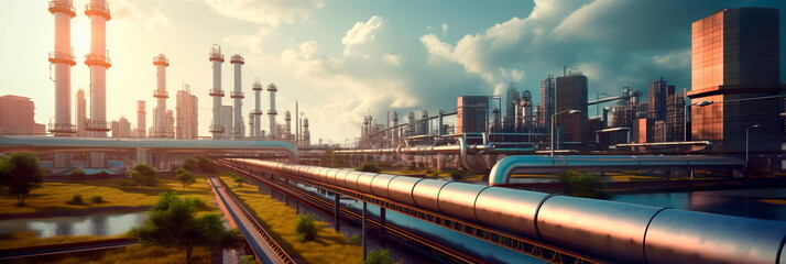 industrial pipeline passing through an urban area, showing how it's integrated into the city's infrastructure. Generative AI