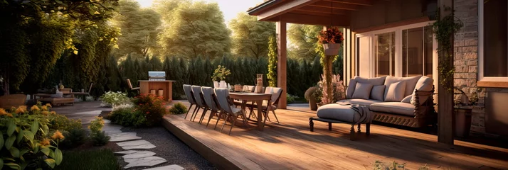 Fotobehang inviting patio area with a mix of textures, including a wooden deck, stone accents, and soft outdoor rugs.Generative AI © Лилия Захарчук