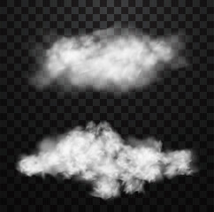 White realistic fluffy clouds or fog or smoke on transparent background