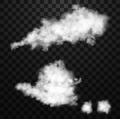 White realistic fluffy clouds or fog or smoke on transparent background