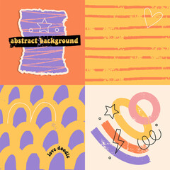 Set of contemporary square cards with colorful abstract doodle shapes, text, bold textured lines, stiped patterns. Vector trendy illustration.