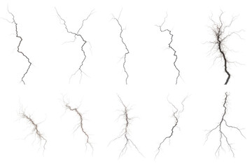 Set of black lightnings isolated on transparent background cutout PNG , ai generative