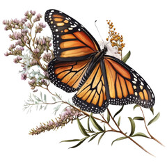 Watercolor Monarch Butterfly with flowers, Butterflies graphic illustration isolated with a transparent background, insect design