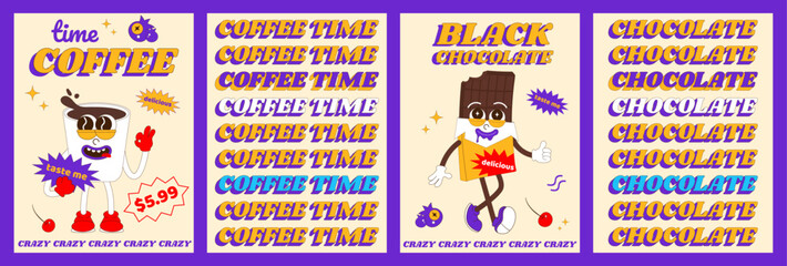 Fashionable psychedelic posters with funny sweet characters. Cheerful coffee and chocolate mascot. Poster design for cafe, bakery, menu. Vector illustration in cartoon style.