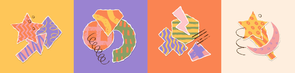 Set of abstract geometric shapes, torn out paper collage elements, art design forms with textured patterns. Contemporary trendy compositions collection. Hand drawn Vector illustration.