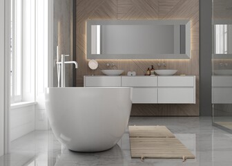 Modern bathroom interior with wooden decor in eco style. 3D Render
