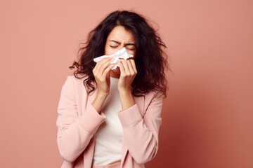 Lifestyle portrait photography of a woman in her 30s sneezing and holding a tissue because of the flu wearing a smart pair of trousers against a pastel or soft colors background 