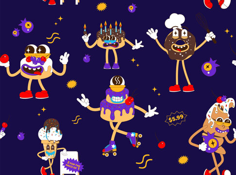 Seamless pattern with cartoon dessert character and groove style elements. Psychedelic  Cake, donut, croissant, ice cream. Modern fashion vector illustration.