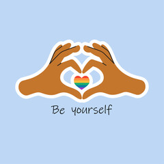Be yourself. Hand heart gesture pride flag icon vector isolated on a blue background. LGBT design element. For design poster, postcard, banner and background.