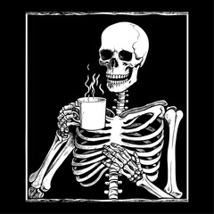 Vector illustration of dead skeleton skull drinking coffee, isolated on black background. - obrazy, fototapety, plakaty