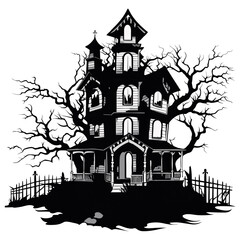 A scary house. Mystical house with monsters and ghost for Halloween. Spooky house. Vector illustration 