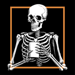 Vector illustration of dead skeleton skull drinking coffee, isolated on black background.