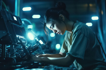 Fototapeta na wymiar A female worker operates a lathe for drilling components at a metal lathe factory
