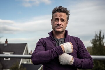 Group portrait photography of a man in his 40s wearing a wrist brace because of a minor sprain wearing a chic cardigan against a sky background 