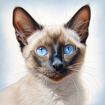 close-up portrait of a Siamese kitten with blue eyes on a white background