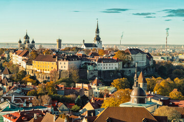 Fototapeta na wymiar Cityscape of The old town of Tallinn with Alexander Nevsky Cathedral and St Marys Cathedral, Tallinn, Estonia