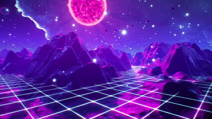 Futuristic flight through trippy landscape background. High quality 3D illustration with mountains, grid, balls for EDM music video, live show, VJ. Psychedelic flythrough in 4k