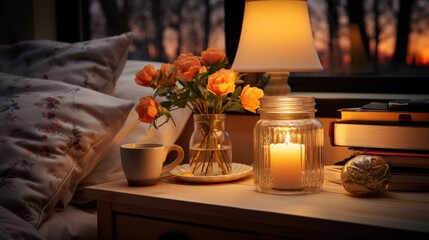 Fototapeta na wymiar lamp and candle on a bed room , ai generative