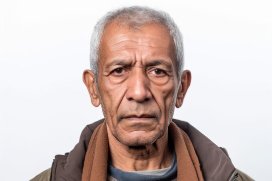 Lifestyle portrait photography of a man in his 60s with furrowed brows and a tense expression due to hypertension wearing hijab against a white background 
