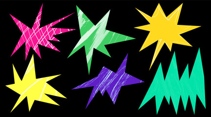  Simple set of trendy irregular stars. hand drawn shapes with textures.