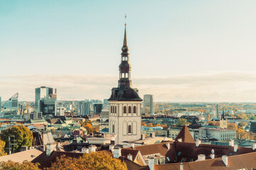 Naklejka premium Tallinn skyline of the old town with St. Nicholas' Church and Museum, Tallinn, Estonia