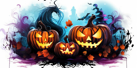 Illustration of Halloween background with terrible pumpkins. transparent background. 
