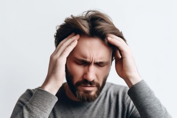 Medium shot portrait photography of a man in his 30s pressing his temple due to a migraine wearing a chic cardigan against a white background 