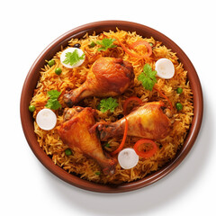 Fototapeta premium Dum chicken biriyani, close up image of Kerala-Thalassery biriyani which is mixed with masala arranged in a copper serving bowl and garnished with lemon slices placed on graphite texture.