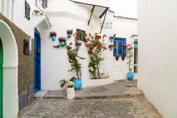Narrow alley with stairs and houses painted white at Ksbah, Ancient Medina, Tangier, Morocco