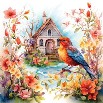 Little bird standing on a flower branch and a small house in the background watercolor paint