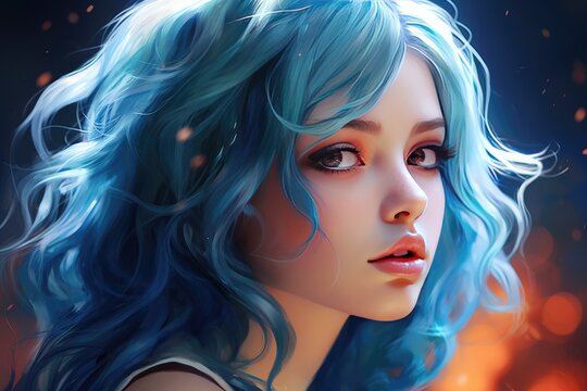 A beautiful anime girl with blue hair and a pretty face
