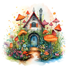 eautiful little house among flowers and giant mushrooms watercolor paint.