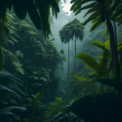 A lush, vibrant and mysterious deep tropical jungle with a cinematic feel
