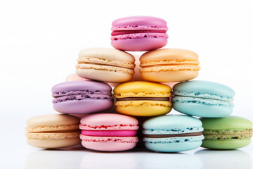 Fototapeta na wymiar Pyramid of macaroons of different colors on a white background