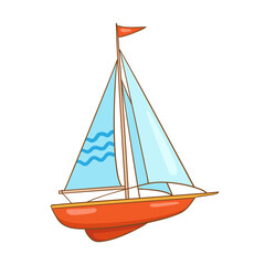 Kids toys. Beautiful toy red yacht. In cartoon style. Isolated on white background. Vector illustration