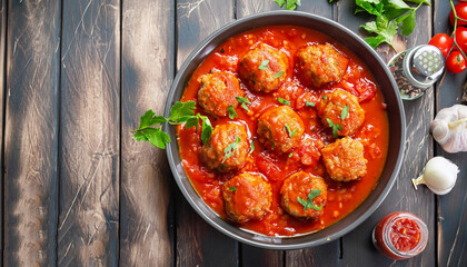 Meatballs in sweet and sour tomato sauce. Top view