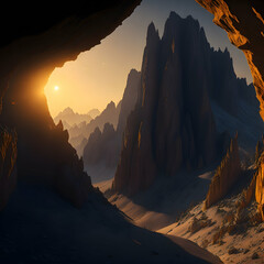A sweeping panorama of the majestic Dolomites, seen from the depths of a man-made cave.
