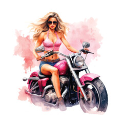 Fototapeta na wymiar A beautiful girl riding a motorcycle watercolor hand painting