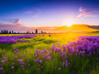 A majestic panorama of a rural landscape, illuminated by a golden sunrise, with a meadow of vibrant purple Phacelia flowers in full bloom
